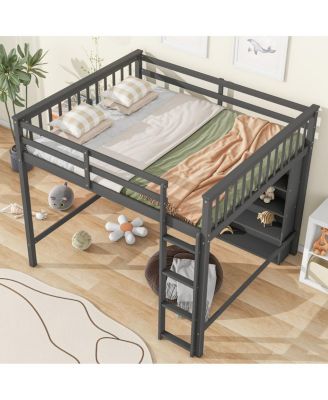 Full Size Loft Bed With 8 Open Storage Shelves And Builtin Ladder
