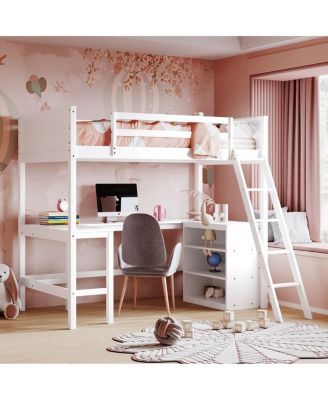 Twin Size Loft Bed With Shelves And Desk, Wooden Loft Bed With Desk