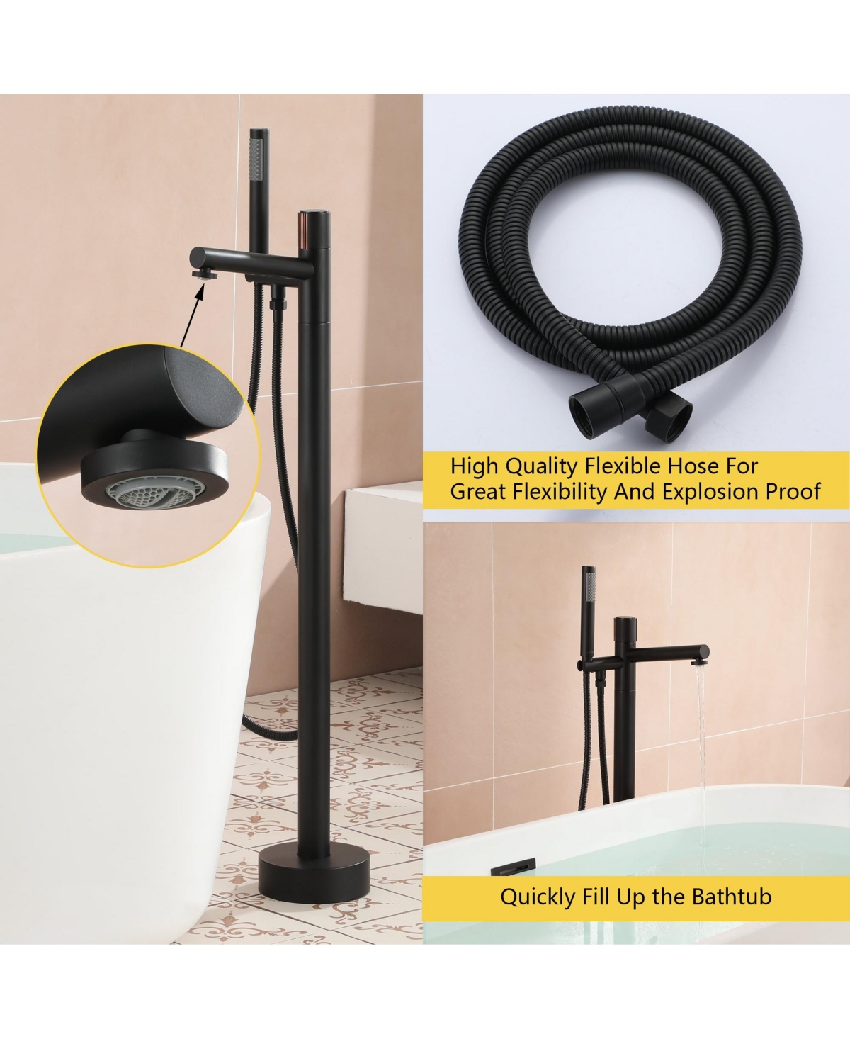 Boyel Living Modern Single-Handle Floor Mount Freestanding Tub Faucet with Hand Shower and Built-in Valve - Matte black