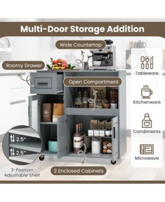 Rolling Kitchen Island with Wheels Drawer and Glass Door Cabinet