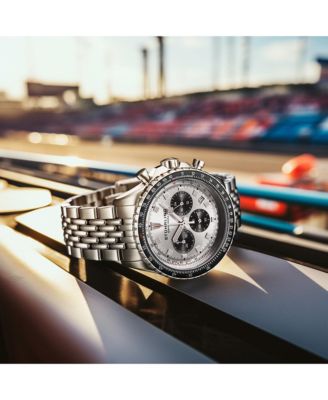 Men's Watch with Japan Chrono Movement, Silver Stainless Steel Case, Green Dial, Black/Rose Bezel Stainless Steel beaded bracelet