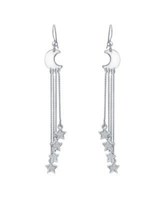 Astrology Statement Celestial Crescent Moon Stars Dangle Earrings Multi Chain Three Stars Charms Jewelry Sterling Silver Fish Wire