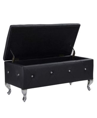 Faux Leather Storage Ottoman Bench with Crystal Buttons