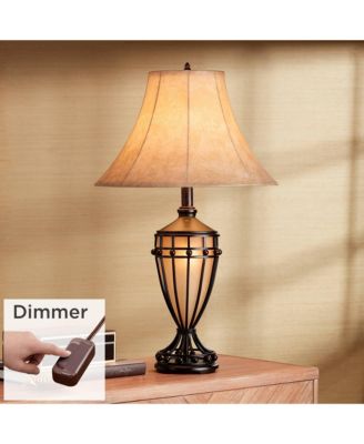 Cardiff Rustic Table Lamp 33" Tall Brushed Iron with Table Top Dimmer Nightlight Beige Fabric Shade for Bedroom Living Room Office