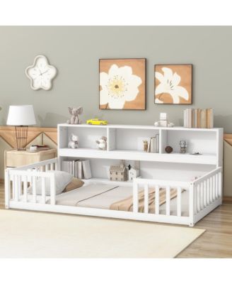 Twin Floor Bed With Bedside Bookcase, Shelves, Guardrails