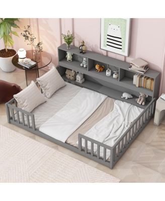 Full Floor Bed With Side Bookcase, Shelves, Guardrails