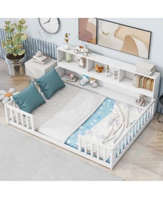 + Full Floor Bed + Wood + Side Bookcase, Shelves, Guardrails + Bed