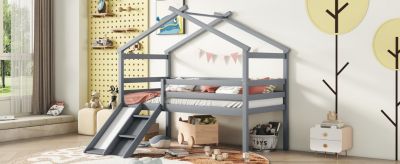 Twin Low Loft House Bed With Slide, Ladder, Safety Guardrails, House Roof Frame, Grey