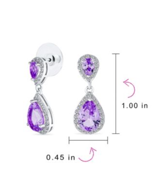 Fashion Purple CZ Halo Teardrop Drop Earrings Lavender Cubic Zirconia Rhodium Plated Brass