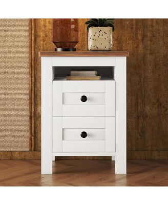 Farmhouse Wooden Nightstand with Storage, White+Brown
