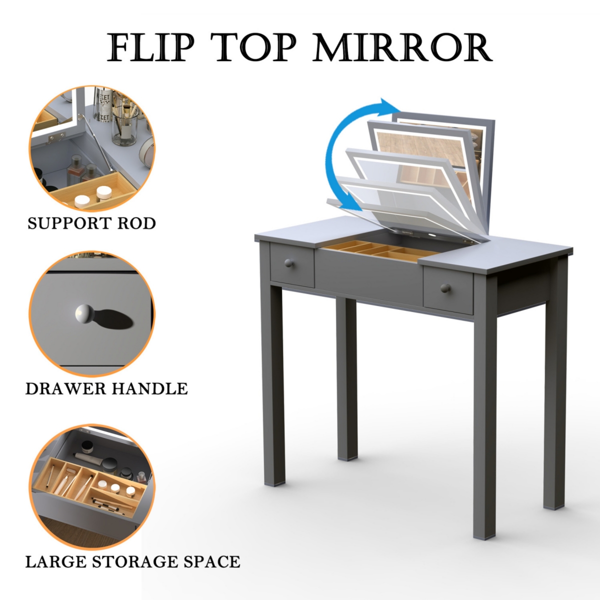 Simplie Fun Grey Vanity Table with Led Lights, Flip-Top Mirror, and Jewelry Storage