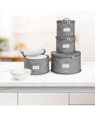 4 Piece Quilted China Dinnerware Storage Cases - for Dinnerware, Plate Organizer (Gray)