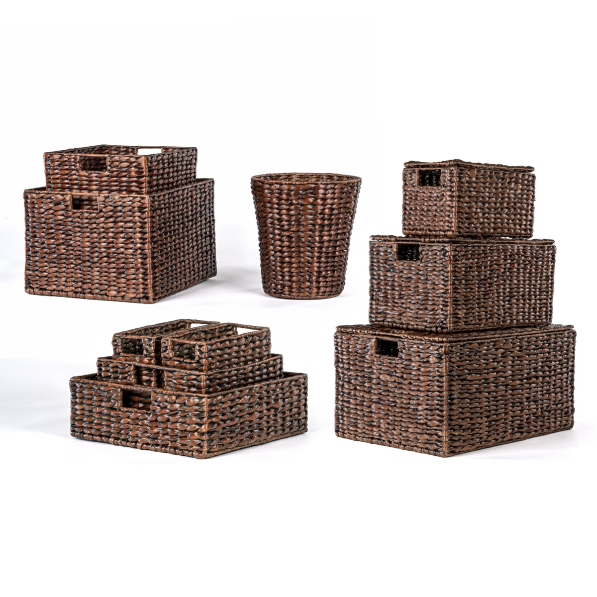 Traditional Assorted Hand-Woven Hyacinth/Iron Baskets, Dark Brown Wash (Set of 10) - Dark brown wash