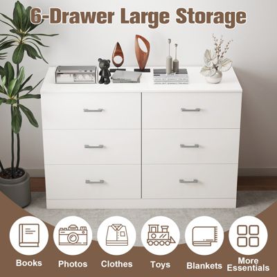 6-Drawer Dresser with Spacious Storage and Modern White Finish for Bedroom, Living Room, or Entryway