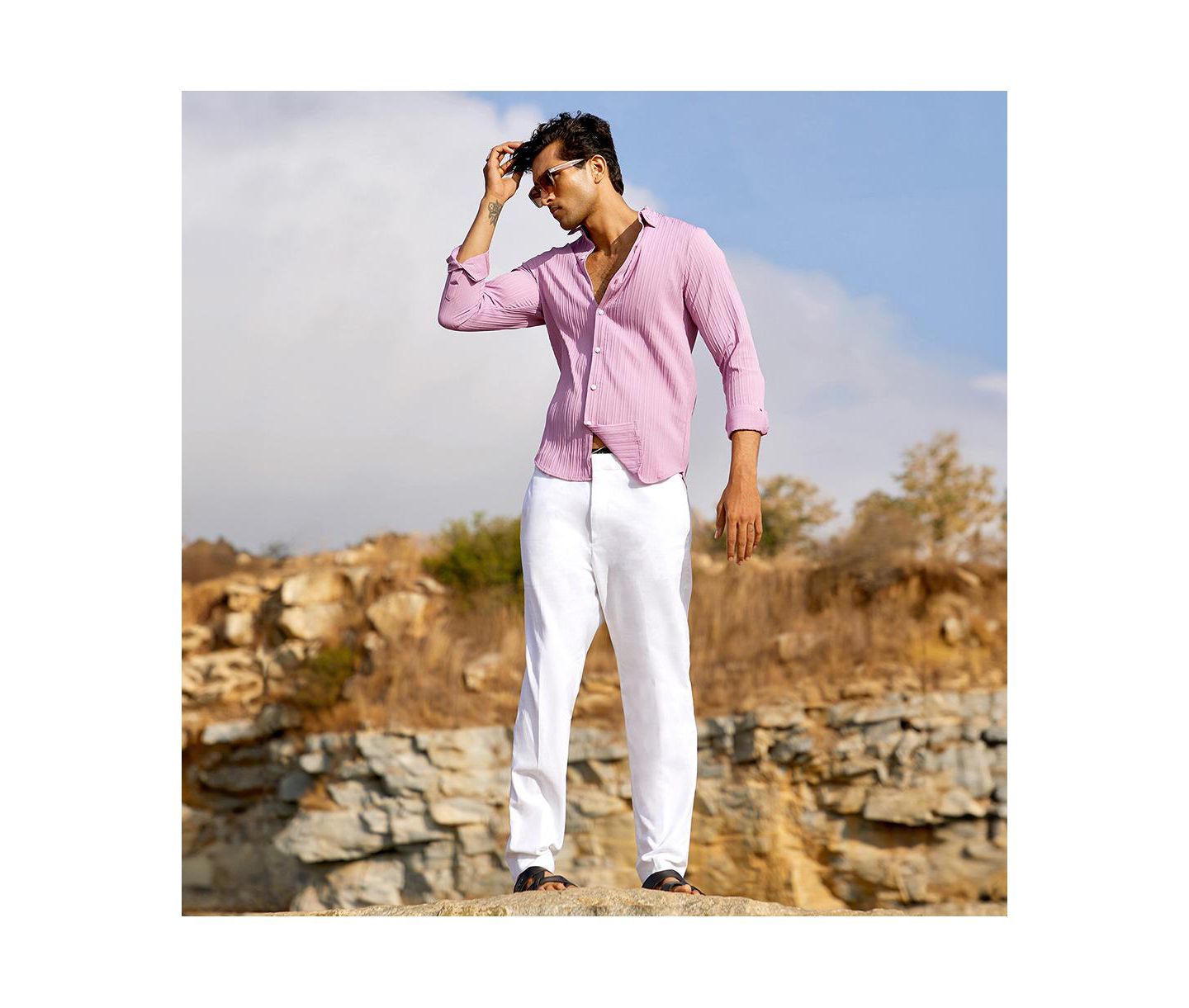 Мужская рубашка Cahoot Campus Sutra Salmon Pink Self-Design Striped, цвет: Розовый — фото 8