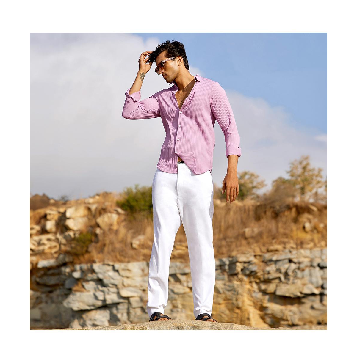 Campus Sutra Men's SalmonSelf-Design Striped Shirt - Pink