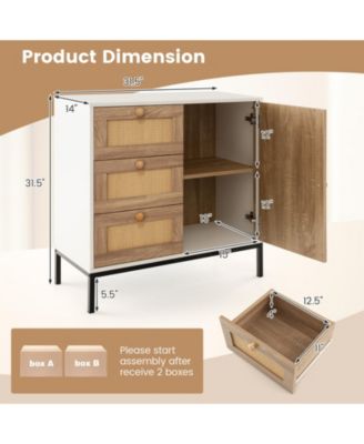 31.5"x14"x31.5" Rattan Metal Legs Soft-Close Hinges 1 Door 3 Drawers Sideboard Buffet Cabinet