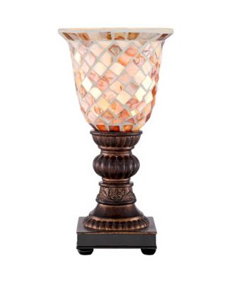 Traditional Uplight Accent Table Lamp 12" High Bronze Brown Mosaic Ivory Glass Shade for Bedroom Bedside Nightstand House Home Office