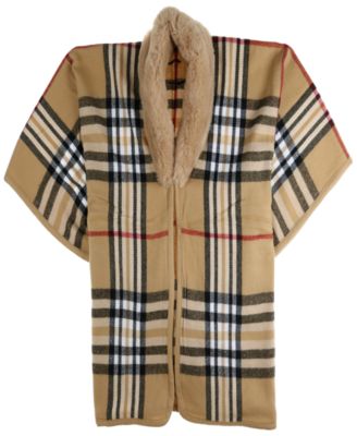 Women's Faux-Fur-Collar Plaid Wrap