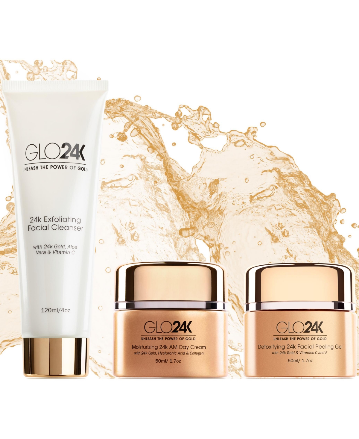 GLO24K 24k Gold Moisturizing Day Cream, Peeling Gel, Exfoliating Facial Cleanser Complete Set