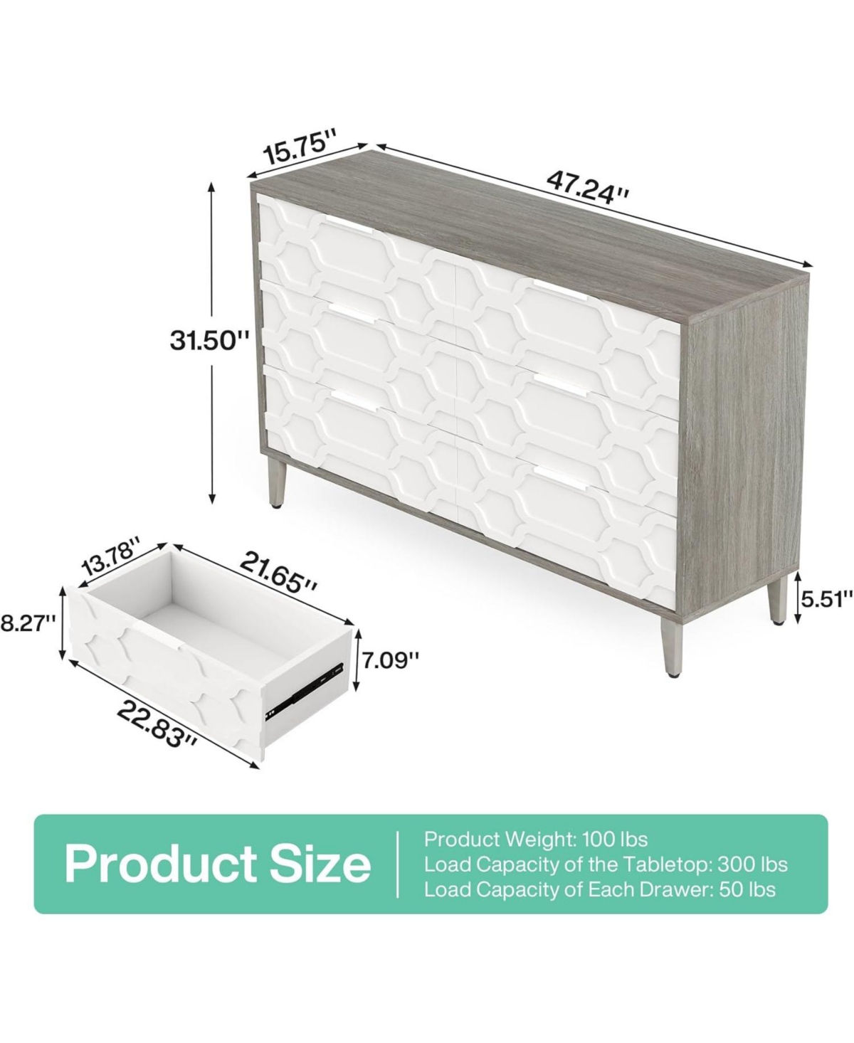 Tribesigns 47-Inch Dresser for Bedroom with 6 Drawers, Double Wide Chest of Drawers, Wood Storage Dresser for Closet, Drawer Cabinet Storage Drawers f