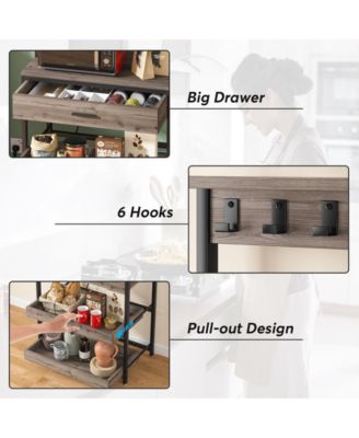 Bakers Rack with Power Outlets, 5-Tier Kitchen Storage Shelf, Microwave Oven Stand with Drawer, Kitchen Rack with 6 Hooks