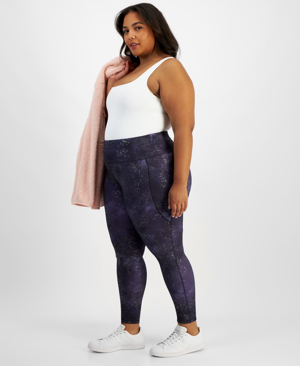 Id Ideology Plus Size Midnight Foil 7/8 Leggings, Created By Macy's In Deep Black