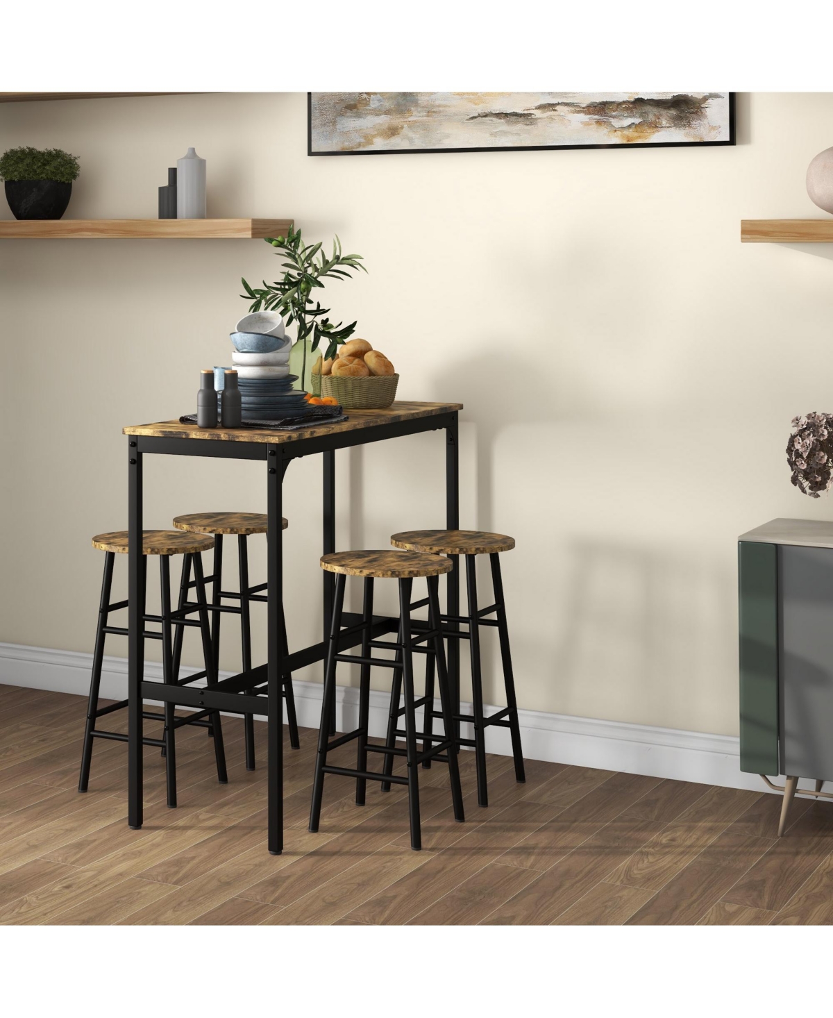 Homcom 5-Piece Bar Table and Chairs Set for Dining Room,- Rustic brown