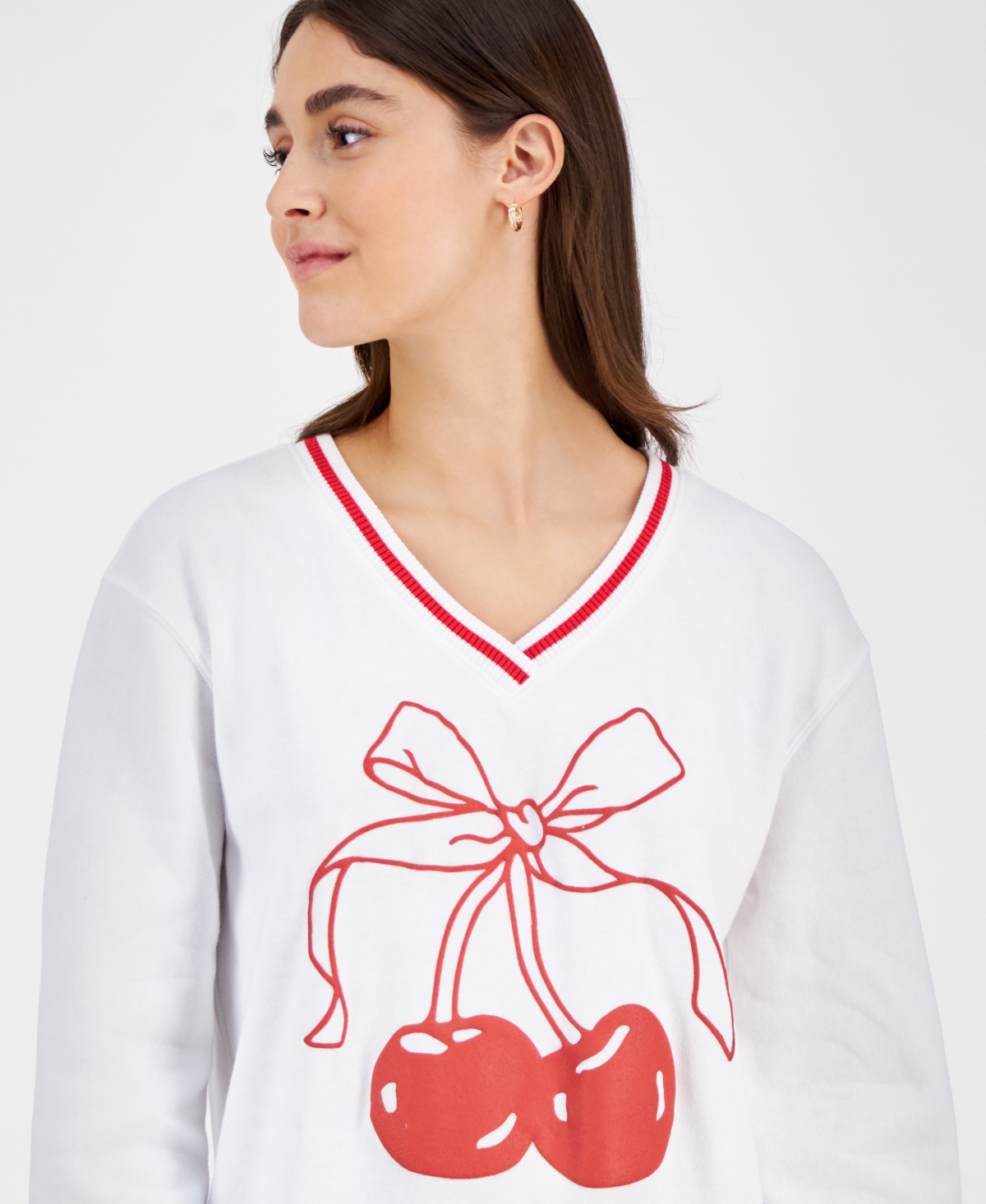 Love Tribe Juniors' V-Neck Cherry Bow Fleece Sweatshirt