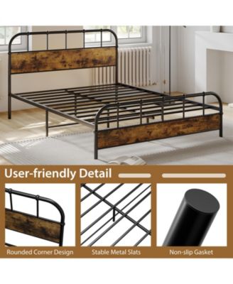 Queen Size Industrial Metal Platform Bed Frame with Headboard Mattress Foundation-Coffee