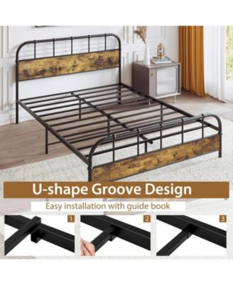 Queen Size Industrial Metal Platform Bed Frame with Headboard Mattress Foundation-Coffee