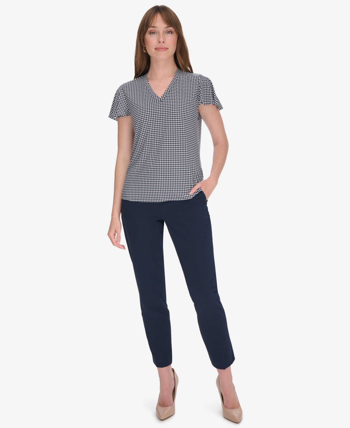 Tommy Hilfiger Women's V-neck Blouse With Ruffle Sleeves In Ivry,midni