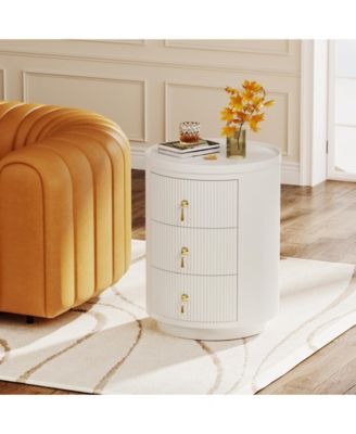 Nightstand with 3 Drawers, No Assembly Bedside Table Night Stand, Modern Round End Side Table with Storage and Gold Handles, White