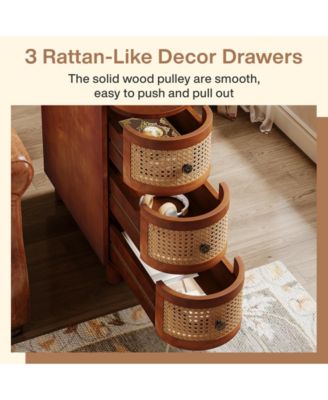 3-Drawer Rattan End Table, Solid Wood Sofa Side Table, Slim Nightstand, Finished Back, No Assembly, Walnut & Oak