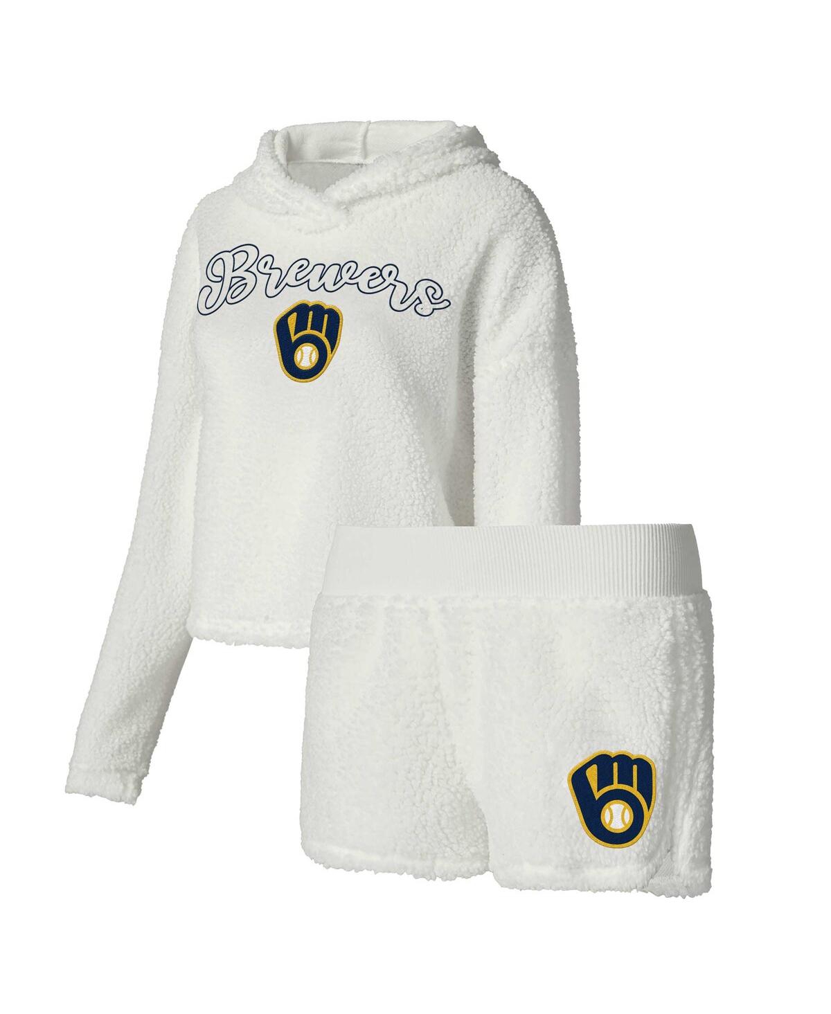 Shop Concepts Sport Women's Cream Milwaukee Brewers Fluffy Hoodie Top Shorts Sleep Set