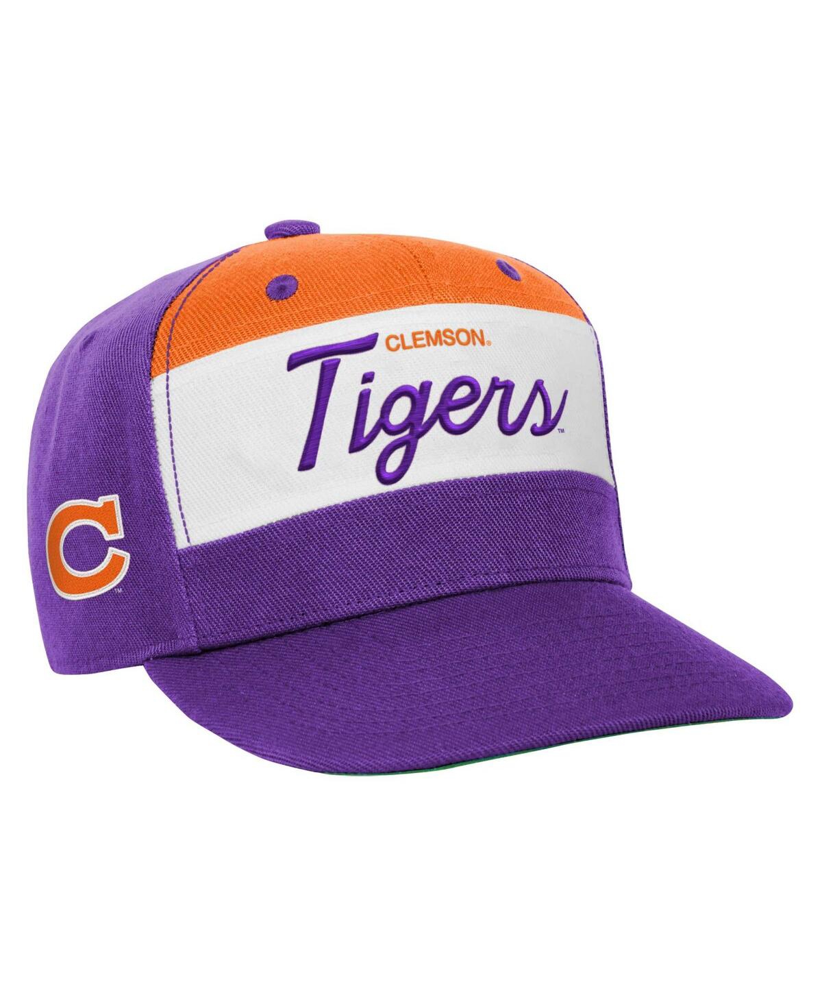 MITCHELL & NESS BIG BOYS AND GIRLS WHITE/PURPLE CLEMSON TIGERS RETRO SPORT COLORBLOCK SCRIPT SNAPBACK HAT 