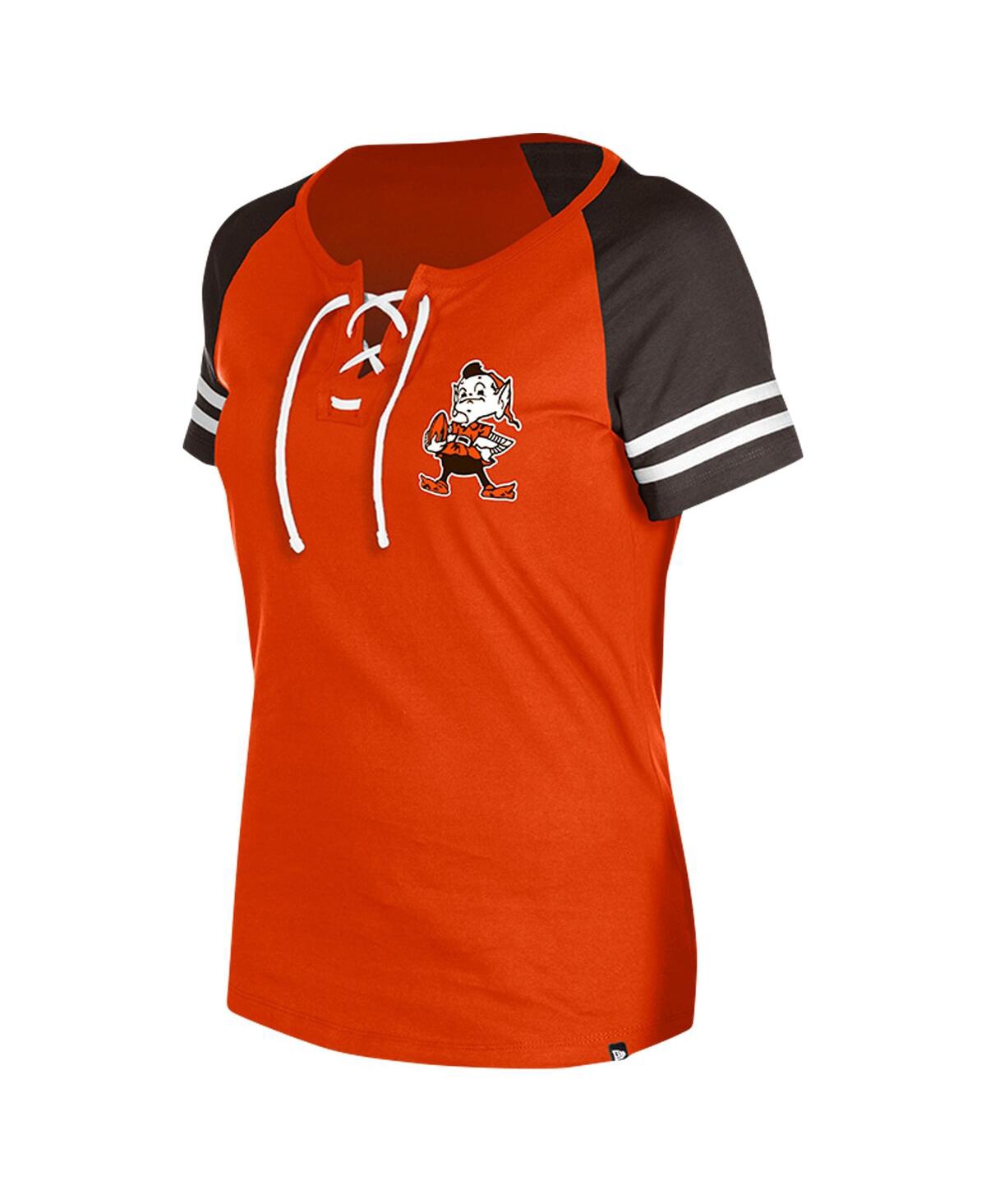 NEW ERA WOMEN'S ORANGE CLEVELAND BROWNS THROWBACK LACE-UP RAGLAN T-SHIRT 