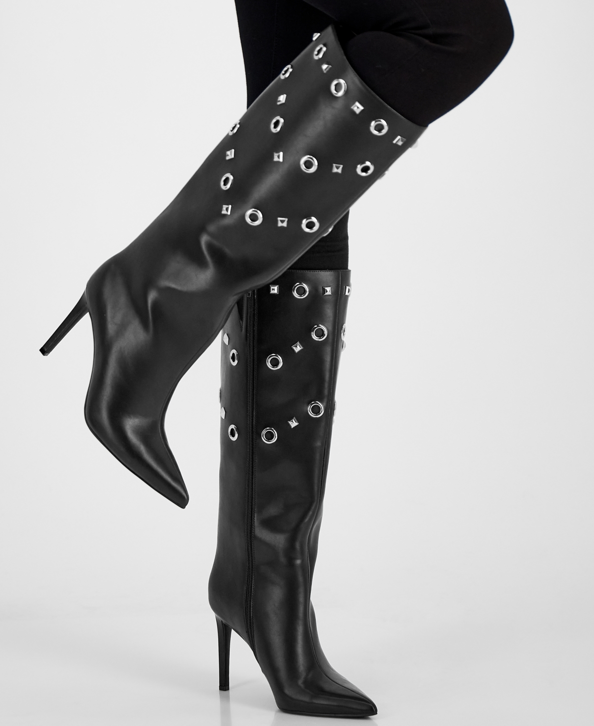 I.n.c. International Concepts Women s Saiqa Grommet Knee High Boots Created for Macy s Black Smooth Smart Closet
