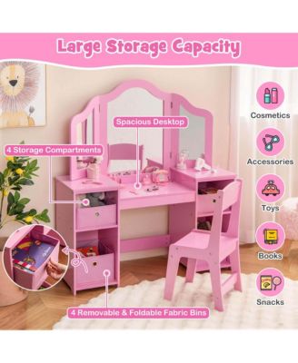 Kids Vanity Table &amp; Chair Set 2-in-1 Princess Pretend Play Makeup Vanity Set