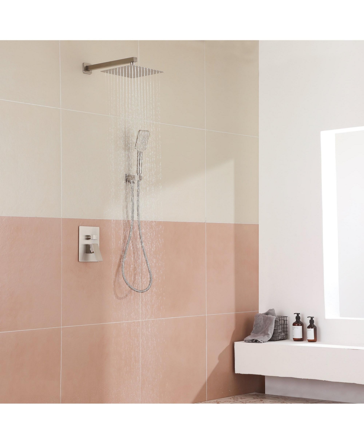 Boyel Living 3-Spray Patterns with 2.5 Gpm in. Wall Mount Dual Shower Heads with Pressure Balance Valve - Brushed nickel