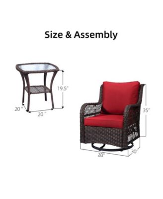 3 Pc Wicker Cushioned Swivel Rocker Chairs Set Glass Top Table – Outdoor Patio Bistro Furniture