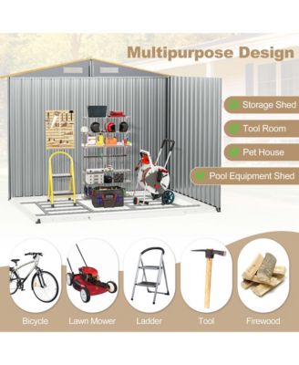 8 × 6 FT Outdoor Storage Shed Galvanized Steel Shed with Base Floor Wood Grain