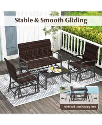 4 Piece Patio Gliding Set with Tempered Glass Coffee Table Quick Dry Foam Poolside