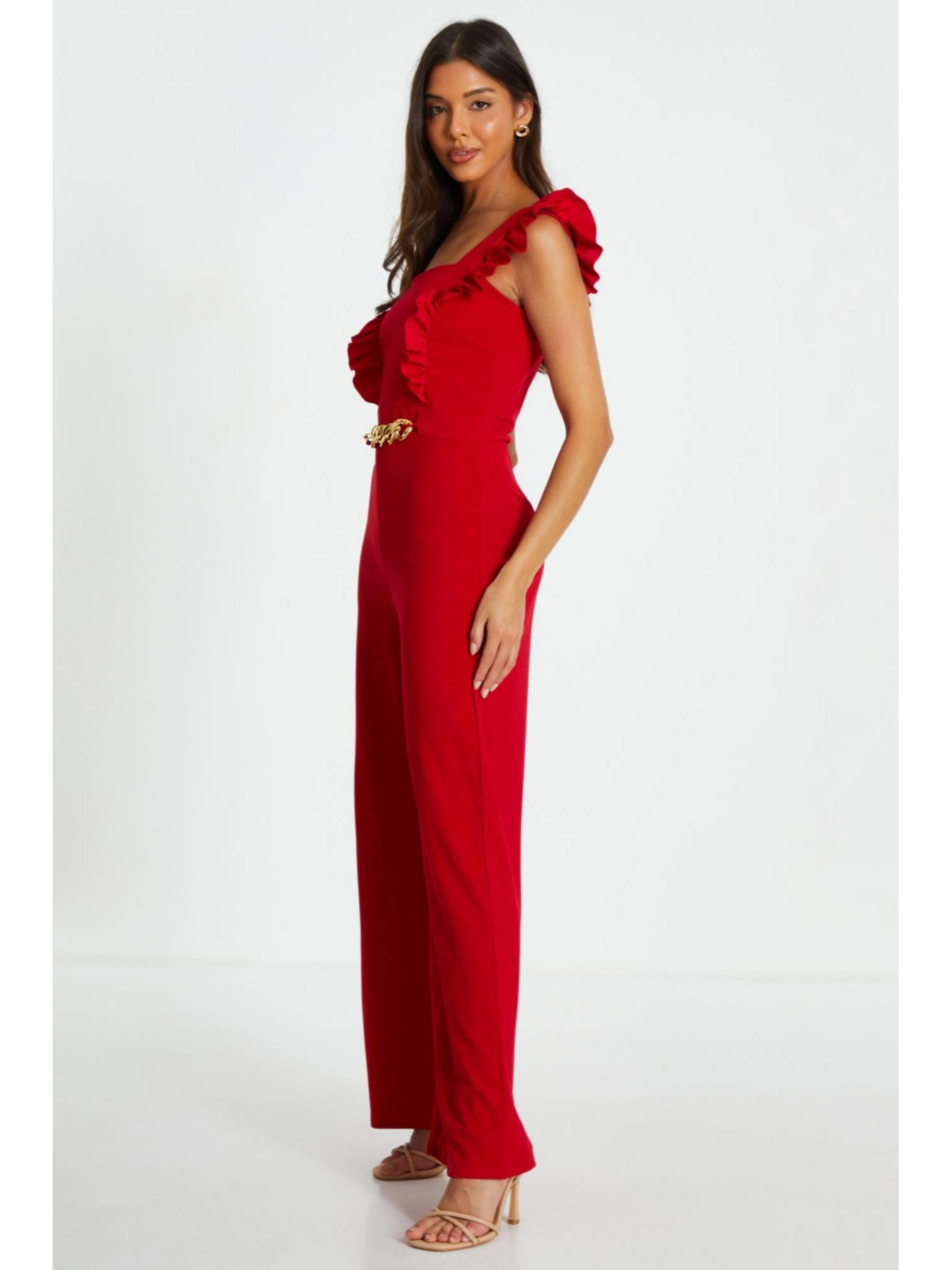 Quiz Women's Scuba Crepe Frill Sleeve Chain Belt Palazzo Jumpsuit