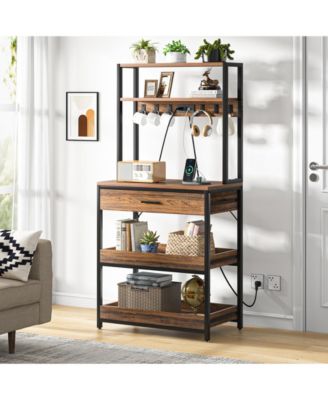 Bakers Rack with Power Outlets, 5-Tier Kitchen Storage Shelf, Microwave Oven Stand with Drawer, Kitchen Rack with 6 Hooks