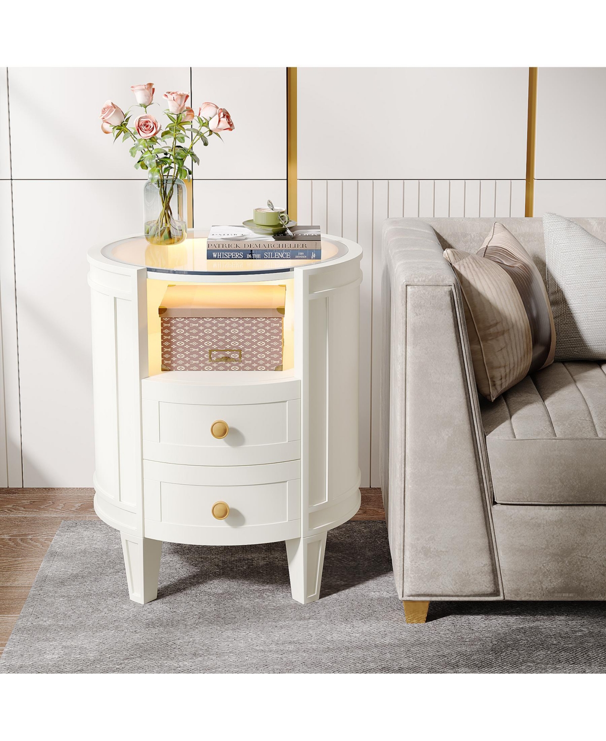 Tribesigns 2-Drawer Nightstand with Glass Tabletop, Modern White Oval Led Nightstands, No Assembly Required, Oval Round Night Stand Side Table for Bed