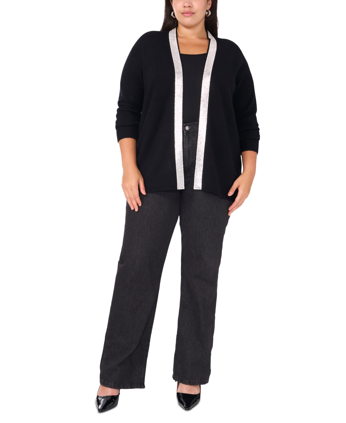 Vince Camuto Plus Size Rhinestone-trim Cardigan Sweater, Created For Macy's In Black