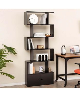 6-Tier S-Shaped Bookcase Storage Rack Bookshelf with Cabinet Anti-toppling Devices