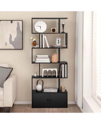 6-Tier S-Shaped Bookcase Storage Rack Bookshelf with Cabinet Anti-toppling Devices