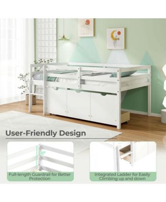 Twin Size Low Loft Bed with 3 Drawers Ladder & Full-length Guardrails Storage